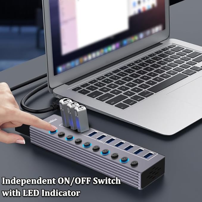 Powered 10-Port USB 3.0 Hub USB C to 10 Ports USB Data Hub Splitter with Individual LED On/Off Switche 3.3FT Cable 12V/3A Power Adapter for Laptop MacBook Pro/Air PC (Aluminum Gary)