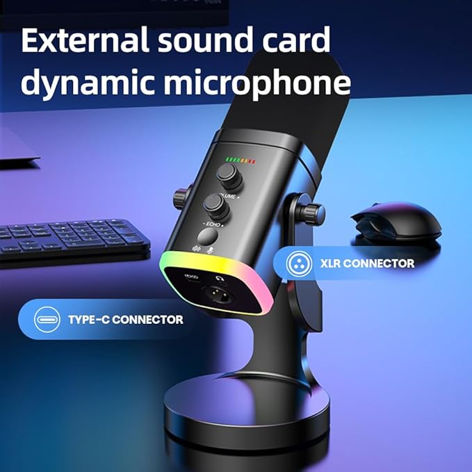 USB/XLR Desktop Dynamic Microphone with RGB Light Noise Reduction &amp Mute Button for Podcast Recording PC Computer Gaming Streaming Mic with RGB Light Mute Button Headphones Jack (Black)