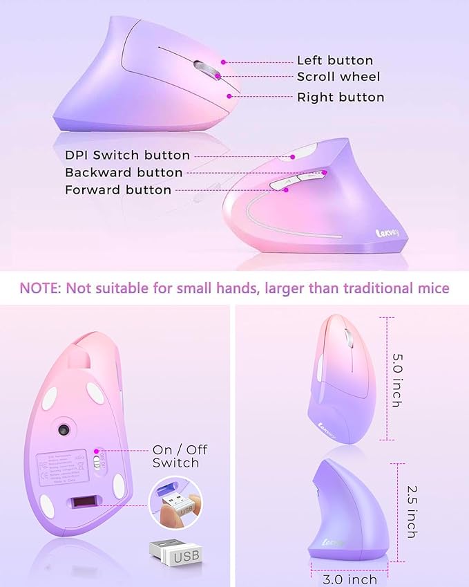 Lekvey Ergonomic Mouse Vertical Wireless Mouse Rechargeable 2.4 GHz Optical Carpal Tunnel Mouse : 800/1200/1600 DPI 6 Buttons for Laptop PC Mac Computer Desktop Notebook etc Pink to Purple