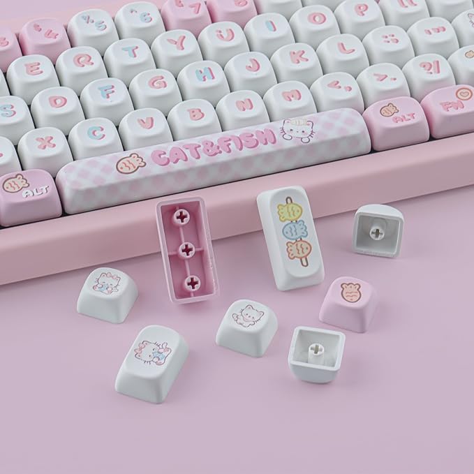 PBT Cute Kitty-cat Keycaps Set 140 Keys Dye-Sublimation MOA Profile Keycaps for Cherry Gateron MX Swithes Mechanical Keyboards