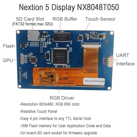 Nextion 5 inch HMI Display Resistive Touch Screen 5V TFT LCD 800x480 for Arduino ESP32 Board (NX8048T050)