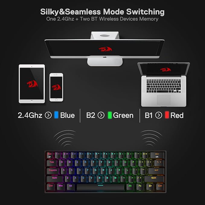 Redragon K530 Pro Draconic 60% Wireless RGB Mechanical Keyboard BT/2.4Ghz/Wired 3-Mode 61 Keys Compact Gaming Keyboard w/Hot-Swap Socket Free-Mod Plate Mounted PCB &amp Clicky Blue Switch