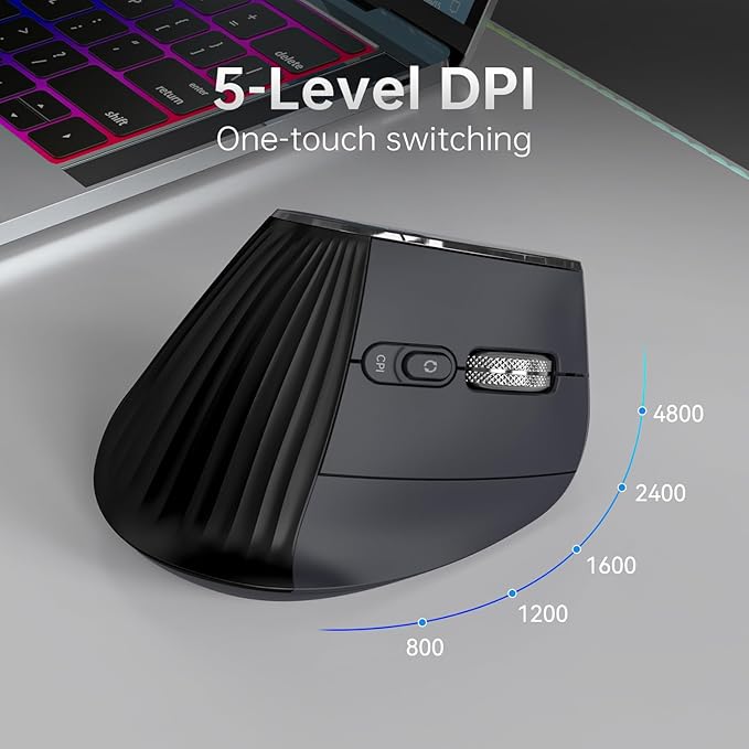 Ergonomic Vertical Mouse Wireless Bluetooth Ultra-Fast Scrolling 4800 DPI Rechargeable Ergo Mouse 2.4G Quiet Clicks 6 Buttons RGB Optical Mice 3 Multi-Device Connectivity for Mac Laptop - Black