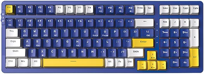 Wireless Mechanical Keyboard Triple Mode 2.4G/USB-C/BT Gaming Keyboards 100 Keys Ice-Blue Backlit Brown Switch Keyboard | Rechargeable Mechanical Gaming Keyboards | Blue/White/Yellow