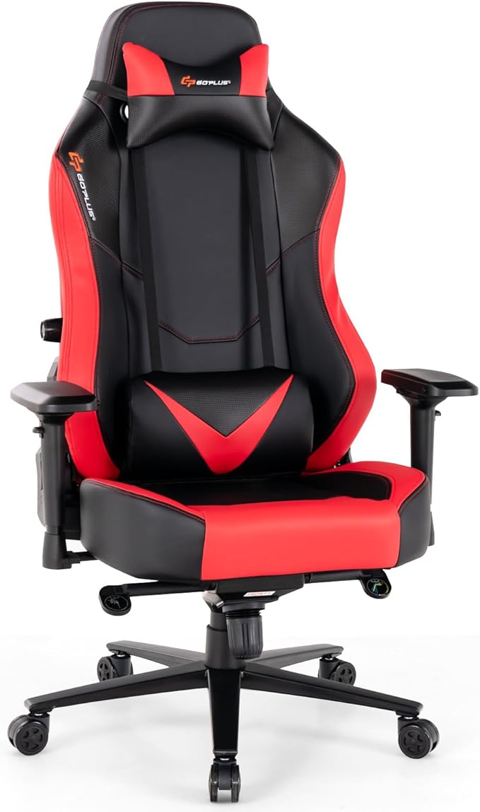 Goplus Gaming Chair 360° Swivel Computer Chair with Casters Multi-Angle Reclining Tension Control 4D Armrest Headrest Gas Lift Height Adjustable Game Chair for Office Bedroom Red