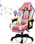 Video Gaming Chairs with LED Light Ergonomic Gaming Chair with Massage Lumbar Support and Bluetooth Speakers Computer Chair with Retractible Footrest and Backrest AdjustablePink