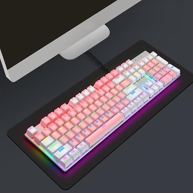 RGB Backlit 104 Keys Mechanical Gaming Keyboard USB Wired Computer Keyboard 28 Backlight Modes for Windows 2000 for Vista (Pink and White)