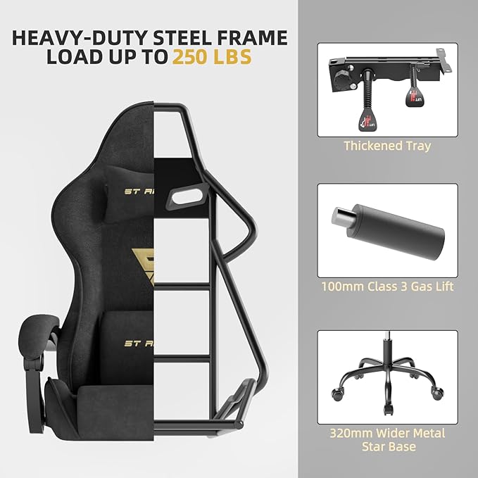 Huracan Velvet Fabric Gaming Chair with Footrest for Adults Ergonomic Gaming Chairs with Massage Lumbar Reclining Racing Computer Chair with Spring Cushion for Home Office Video Game Black