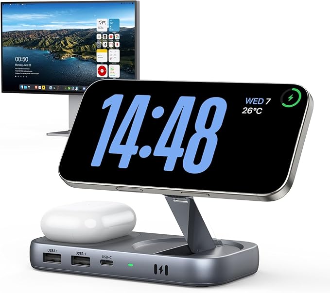 Selore USB C Hub with Wireless Charging for MacBook: 4K@60Hz HDMI 100W PD 15W Qi2 + 5W Wireless 10Gbps Ports iPhone Mirroring Docking Station &amp Magsafe Stand Space-Saving Desk Organizer