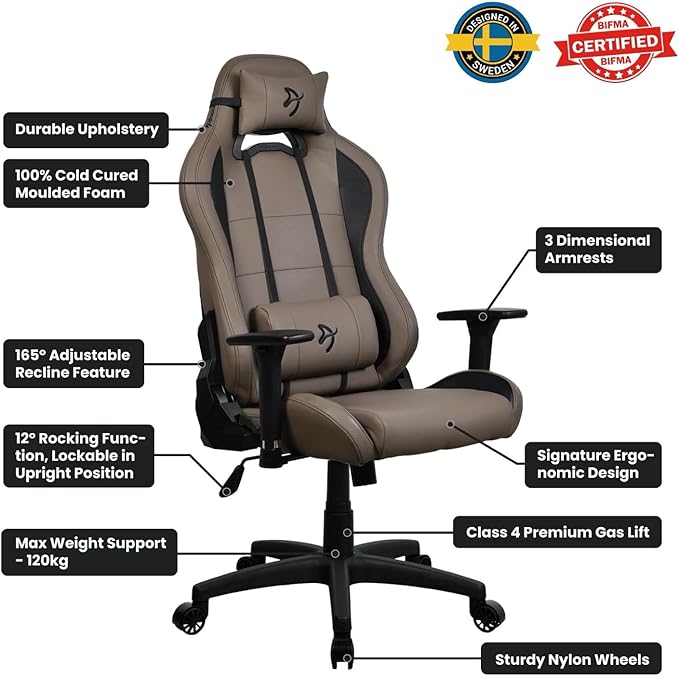 Arozzi Torretta Soft PU Leather Material Gaming Chair Durable Ergonomic Office Chair with Adjustable Height 3D Armrest &amp 2 Supportive Pillows (Brown)