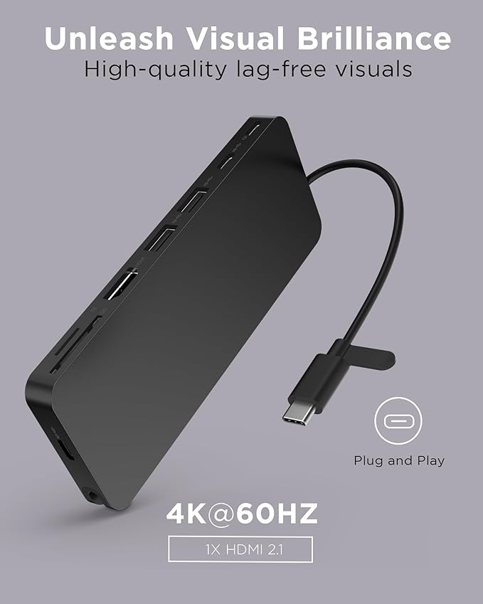 Lenovo USB-C Slim Travel Dock 8 Ports Up to 65W PD Pass Through Integrated USB-C Cable 4K Display Support Black