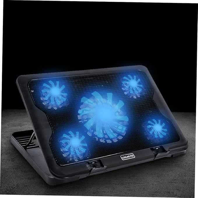 USB Laptop Cooling Pad Adjustable Height Five Quiet Fans -Skid Design Dual USB Ports Optimized Heat Dissipation for Laptops Black