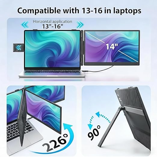 14'' Laptop Screen Extender FHD 1080P IPS Dual Screen Travel Monitor Extender with HDMI/USB-A/Type-C Plug-Play for Display on Mac and Windows Fits 13''-16'' Laptops
