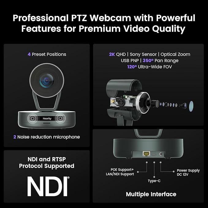 NEARITY Conference Room Camera System Zoom Certified Scalable Conference Speakerphone POE Daisy Chain Noise Reduction 2K NDI PTZ Webcam w/Optical Zoom for Video Conferencing/Streams in Large Rooms