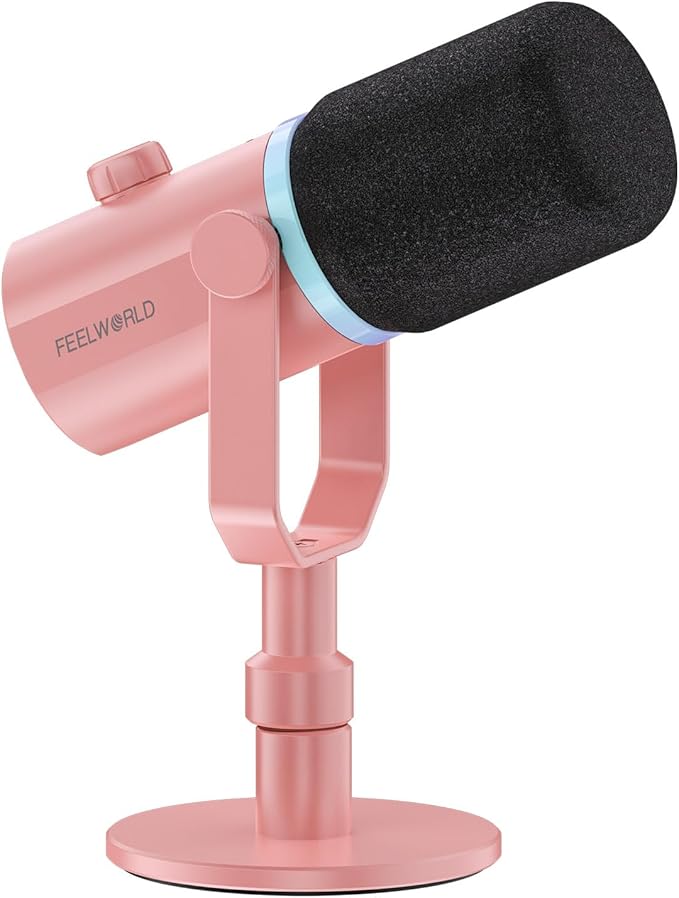 FEELWORLD PM1 XLR USB Dynamic Microphone with Desktop Stand Gifts for Podcast Recording PC Computer Gaming Streaming Vocal Voice-Over Studio Metal Mic RGB Light Mute Button Headphones Jack (Pink)