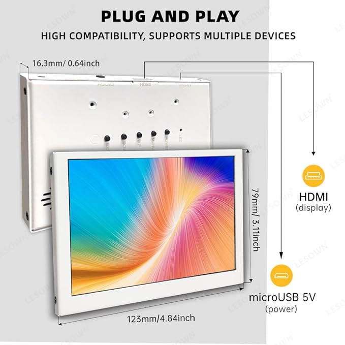 mini Monitors Touch Compact Screen 5 inch HDMI IPS 480x800 HD LCD Lightweight White Portable Sub Display with Speakers for PC Laptop