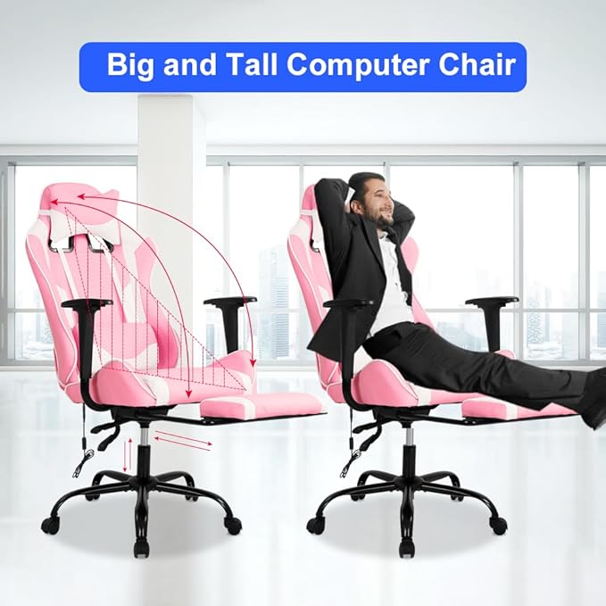 Gaming Chair with Massage &amp Footrest - Ergonomic Racing Office Chair for Adults Women Gamers - Adjustable Reclining PC Gaming and Home Office Desk Chair with Lumbar Support Pink