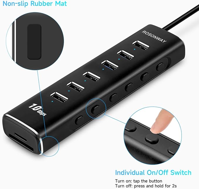 Rosonway 8 Ports Powered USB 3.2/USB C Hub with 6 USB-A 3.2 Ports 10Gbps SD/TF Card Readers 3.3ft USB Cable and 12V/2A Power Adapter USB Expander Splitter for Laptop and PC