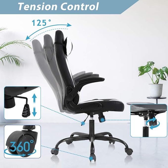 Gaming Chair Racing Ergonomic Racing Chair High Back PC Computer Gaming Chairs with Headrest Lumbar Support &amp Flip-up Arms PU Leather Adjustable Height Swivel White