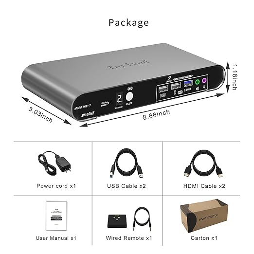 2 Computers 1 HDMI Monitor Automatic KVM Switch 8K@60Hz Hotkey Switching EDID Support 5.1/7.1 Audio and Microphone Aluminum Shell with Digital Display USB 3.0 Hub HDR10 with Cables