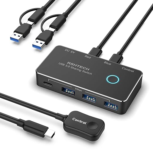 RSHTECH USB 3.0/USB C Switch 2 Computers Share 4 USB 3.0 Data Ports(3 USB-A+1 USB-C) USB Switcher Selector with 2 Cables and Controller for PC Laptop Keyboard Mouse and Printer