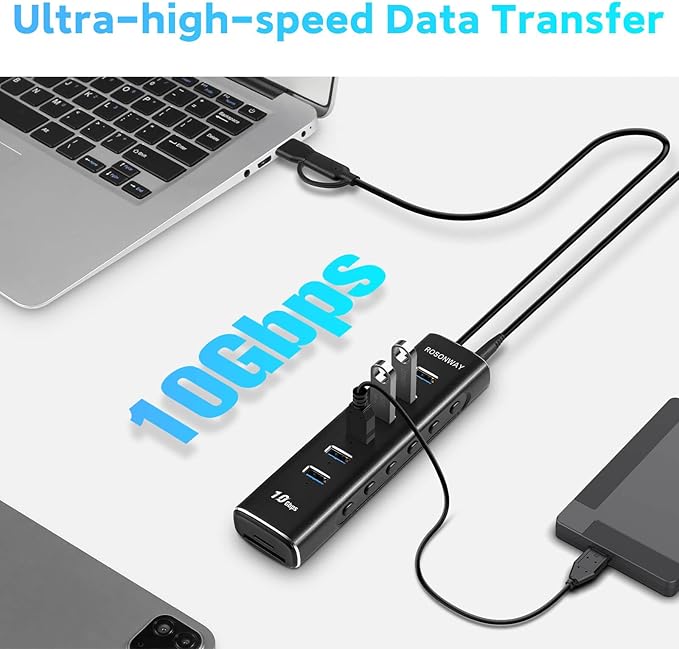 Rosonway 8 Ports Powered USB 3.2/USB C Hub with 6 USB-A 3.2 Ports 10Gbps SD/TF Card Readers 3.3ft USB Cable and 12V/2A Power Adapter USB Expander Splitter for Laptop and PC