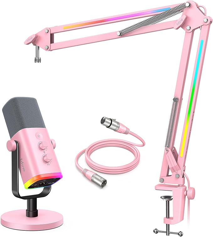 FIFINE XLR/USB Dynamic Microphone RGB Mic Arm &amp XLR Cable Bundle Gaming PC Mic with Headphone Jack Adjustable Metal Mic Stand and 5.9ft Cord for Streaming Studio Recording-(AM8P+BM38P+L9CP)