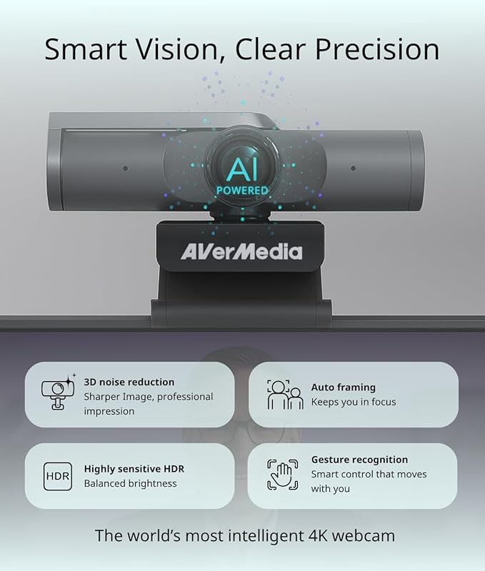 AVerMedia PW515 4K Ultra HD Business Webcam with Microphone for PC/Desktop/Laptop/Mac with AI Auto Framing for Streaming Meeting Video Calls Sony Sensor Works with Teams Zoom Google Meet OBS