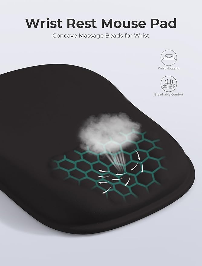 Minimalist Black Ergonomic Mouse Pad for Carpal Tunnel Pain Relief 65% Usable Mouse Area in Compact Size Memory Foam Concave Wrist Rest for Office PC Gaming