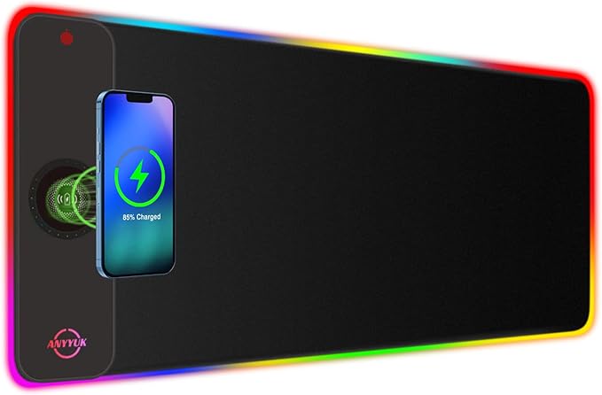 RGB LED Mouse Pad with 15W Wireless Charger Gaming Mouse Pad with 10 Light Modes Extra Large Mousepad Non-Slip Rubber Base Computer Keyboard Mat for Men