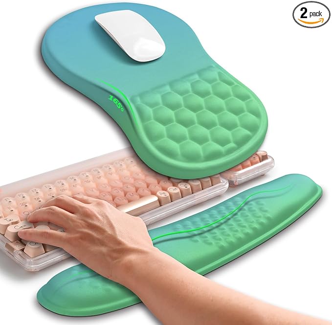 Hokafenle 2in1 Combination Wave Keyboard Wrist Rest and Ergonomic Curvature Mouse Pad Wrist Support for Relieve Wrist Pain Filled with Soft Cushion Memory Foam Gradient Green