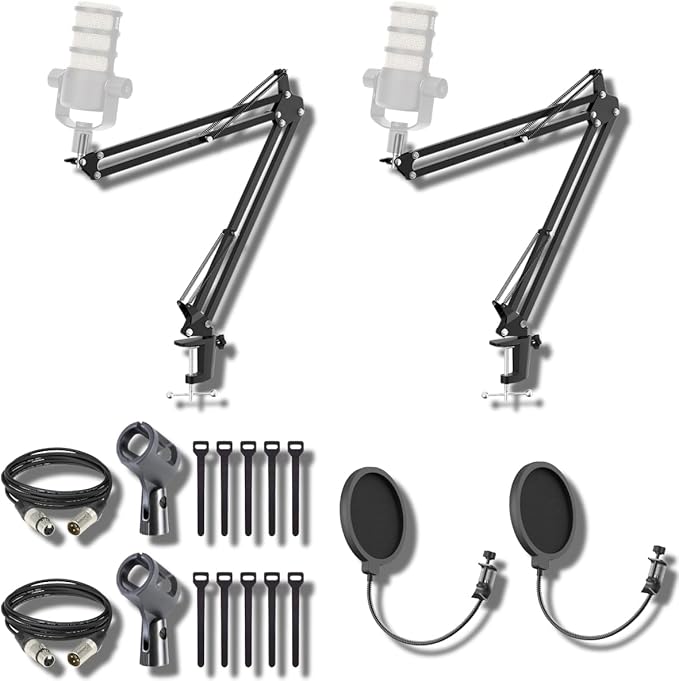 StreamEye BOOMARM1 Boom Arm Mic Stand with Desktop Mount (Pair) Detachable Clips Professional Grade XLR Cables Microphone Pop Filters and Cable Ties