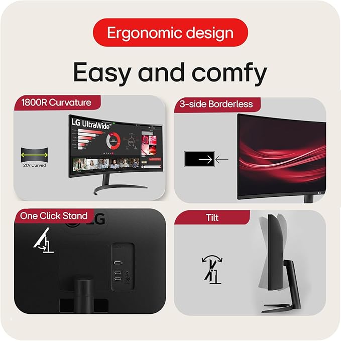 LG 34 Inches 21:9 Curved Ultra Wide Monitor WQHD(3440 x 1440 Pixels) sRGB 99%(Typ) HDR 10 Dual Controller PBP Flicker Safe Smart Energy Saving HDMI DP Head Phone OutTilt Black 34WR50QC