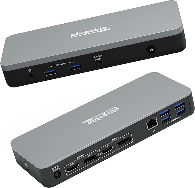 Plugable 12-in-1 Dual 4K USB C Docking Station Works With Chromebook Certified Driverless 60W Charging Dock Compatible with ChromeOS and Windows 2x HDMI 2x DisplayPort Ethernet 1x USB-C 6x USB