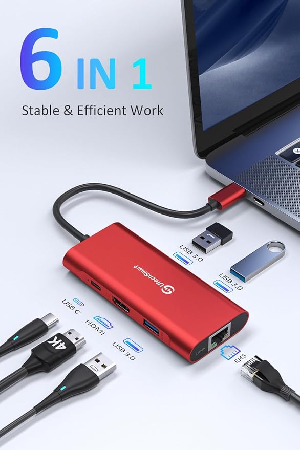 UtechSmart USB C Hub Ethernet Multiport Adapter 6 in 1 USB C to HDMI Dock Compatible for MacBook Pro/Air Chromebook Dell XPS HP and Type C Devices (Gigabit Ethernet 100W PD 4K HDMI USB 3.0) Red