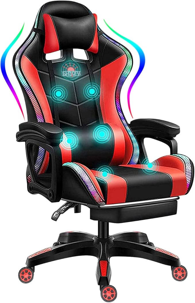 Gaming Chair with LED RGB Lights with Massage and Footrest Ergonomic Computer Chair High Back Video Game Chair with Adjustable Lumbar Support Linkage ArmrestRed