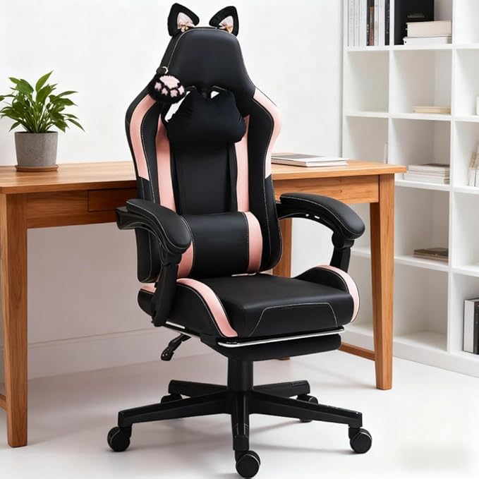 Pink Gaming Chair with Cute Cat Ears Comfy Ergonomic Computer Chair with Footrest and Headrest Video Game Chairs for Girls Adult Teen Height Adjustable Lumbar Support (Pink Black)