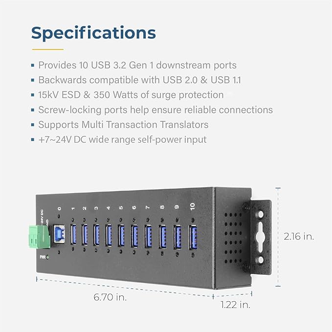 Coolgear 10 Port USB Hub - 5Gbps Speed Surge Protection DIN Rail Mounting Industrial Grade for Tech Labs Warehouses Automation Schools &amp More