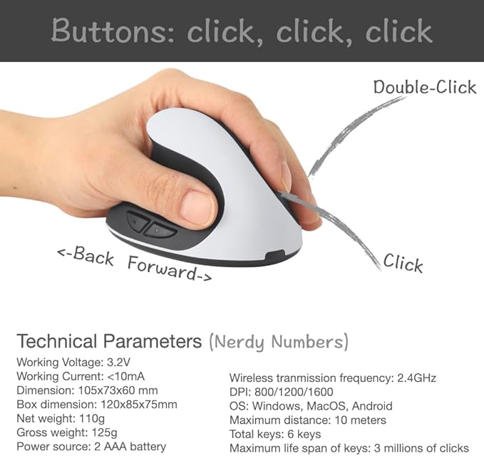 Urby Left Handed Mouse Wireless Ergonomic Vertical. Also As Left Handed Gaming Mouse. Compatible with Windows/macOS/iPadOS Laptop PC. [Battery Included] (Black)