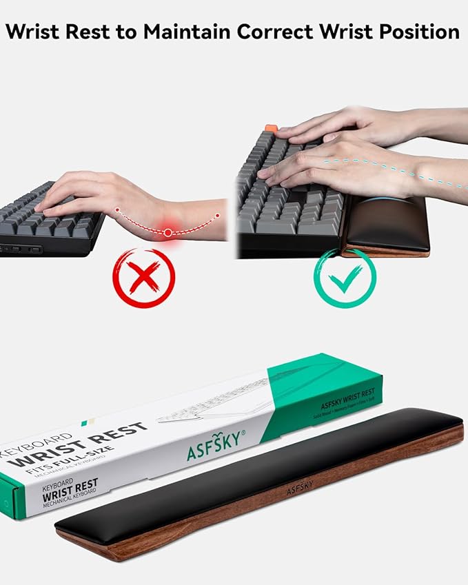 ASFSKY Keyboard Wrist Rest Ergonomic Memory Foam Wrist Pad with PU Leather &amp Wooden Base Non-Slip and Easy-to-Clean Design Wrist Support for Mechanical Keyboard Gaming &amp Office Use (Black)