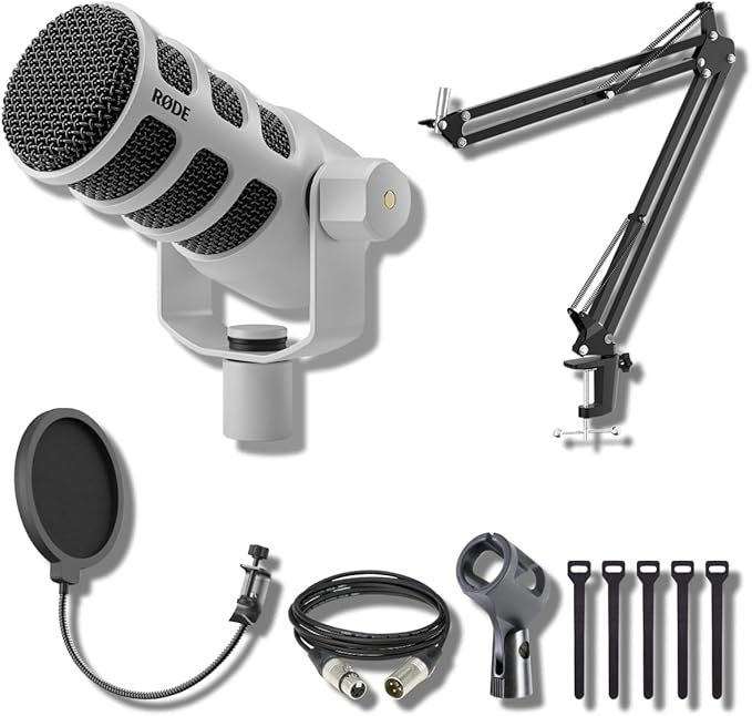 Rode PodMic (White) Dynamic Broadcast Microphone with StreamEye BOOMARM1 Microphone Boom Arm and 10' XLR Cable