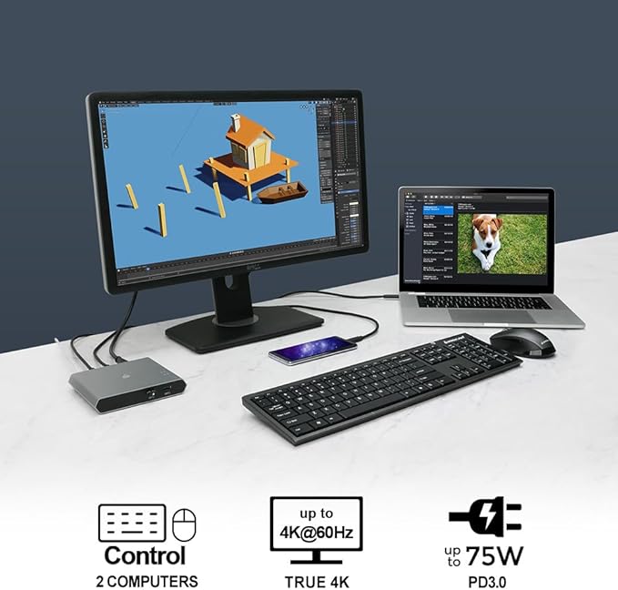 KVM 2-Port USB-C - IOGEAR 2 USB-C/Thunderbolt 3 Devices - 2 USB 3.1 Up To 5Gbps - 4k 30Hz - Power Delivery 75W - Plug n Play - TAA - Mac/Win - GUD3C04