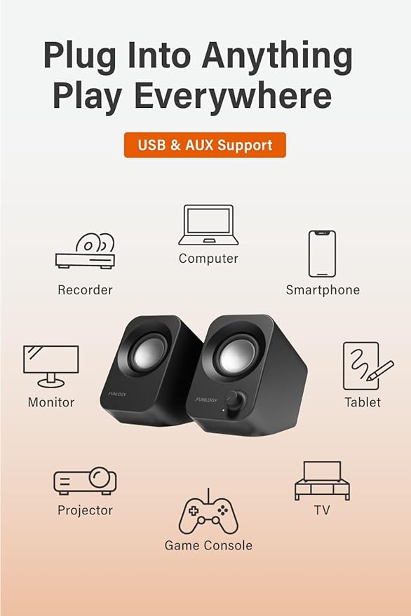 Speaker - 14W Stereo PC Speakers USB Powered Compact Size with 30° Tilt Design Volume Dial Control for Desktop Laptop Monitor Gaming Consoles Black