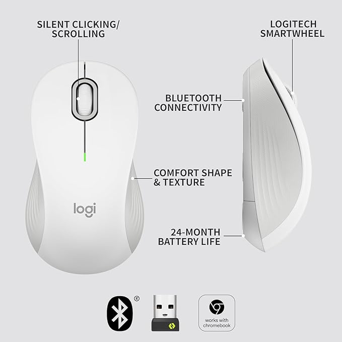 Logitech Signature M550 Wireless Mouse - for Small to Medium Sized Hands 2-Year Battery Silent Clicks Bluetooth Multi-Device Compatibility - Off White
