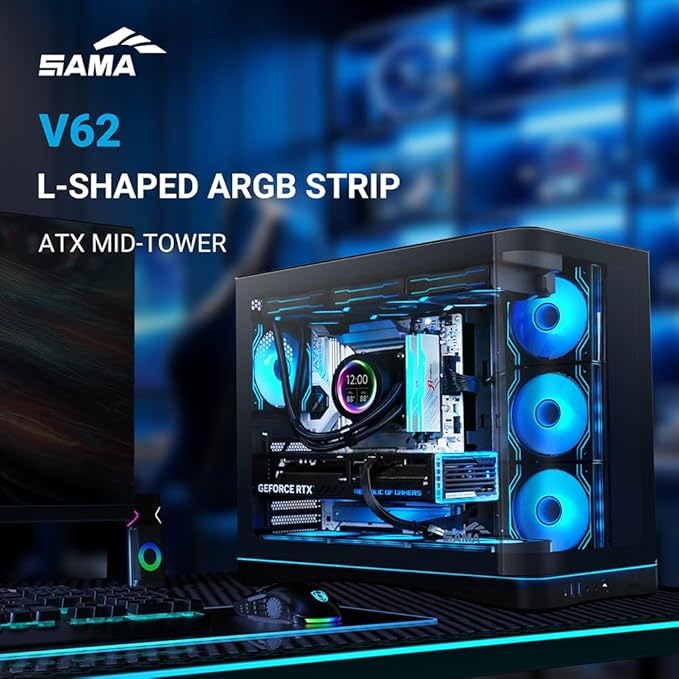 SAMA V62 Mid-Tower PC Case 7x120mm Pre-Installed ARGB PWM Fans 4mm Tempered Glass USB 3.1 Type-C &amp USB 3.0 Ports 7 Slots Support ATX/MATX/ITX (Back-Connect Compatible) Black