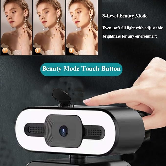 GIZNXBA Webcam for PC with Microphone &amp Three-Level Light &amp Privacy Cover USB Webcam Streaming for Desktop Computer Laptop Video Calling Studying and Conference(2k)