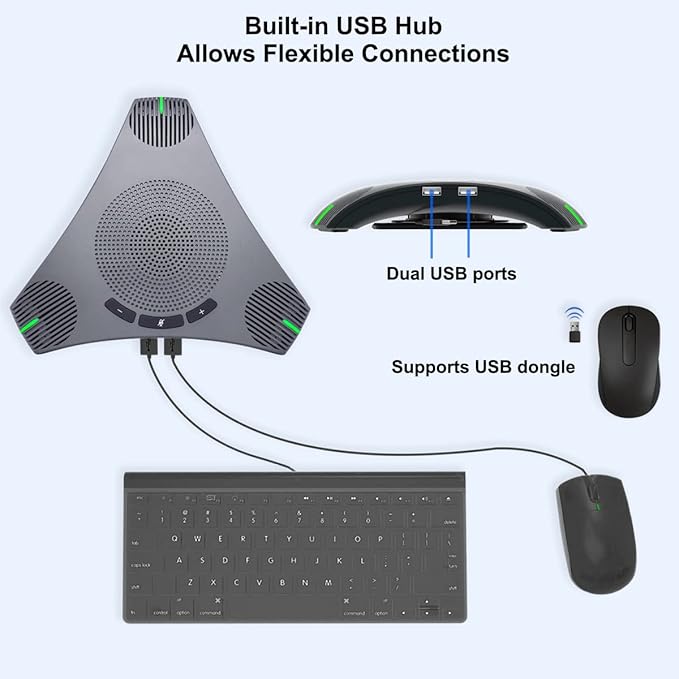 Conference Speaker and Microphone 360° Omnidirectional USB Speakerphone Microphone with USB Hub Noise Reduction/Echo Cancellation Computer Microphone for 8-10 People Business Conference Home Office