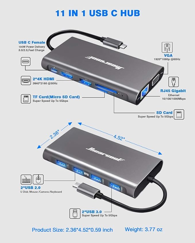 Hiearcool USB-C Docking Station for Laptop Triple Display Dock with 4K HDMI &amp 1080p VGA 11-in-1 USB-C Dock with Ethernet 100W Charging for Home Office