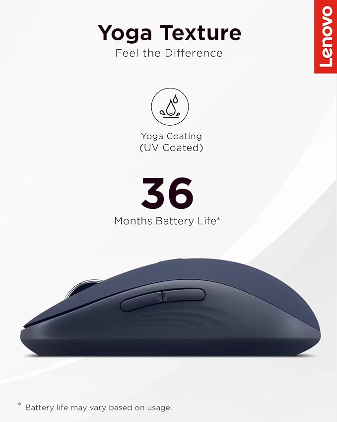 Lenovo Yoga Bluetooth Silent Mouse 3 Level DPI Adjustment 36 Month Battery Life Bluetooth 5.3 3 Device Paring Whisper Quiet Programmable Buttons Smooth Finish Cosmic Blue