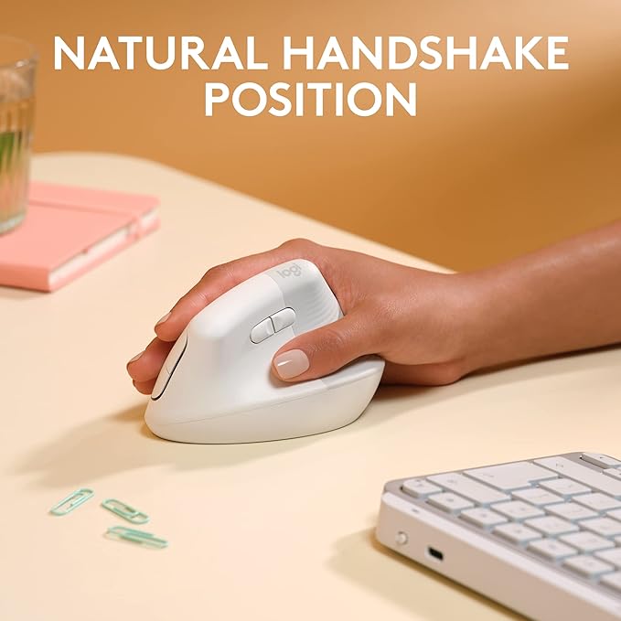 Logitech Lift for Mac Wireless Vertical Ergonomic Mouse Bluetooth Quiet Clicks Silent Smartwheel 4 Customizable Buttons for macOS/iPadOS/MacBook Pro/MacBook Air/iMac/iPad - Off White